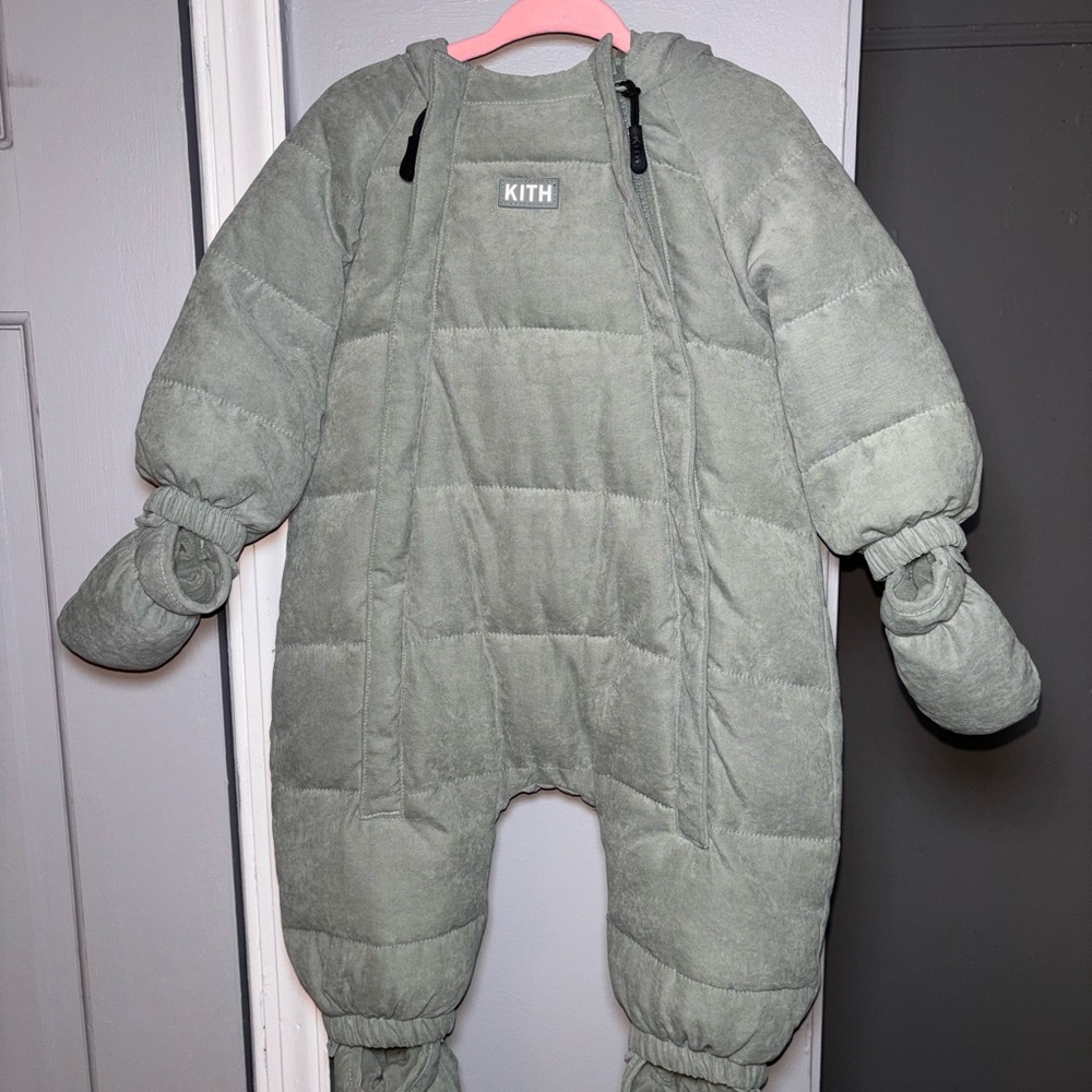 Kith Sage Green Quilted One-Piece Puffer Suit with Mittens